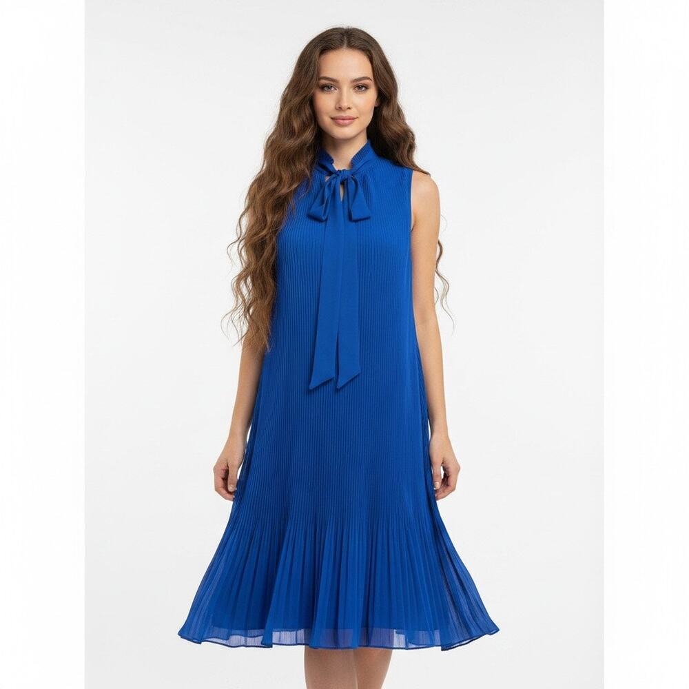 DKNY Cobalt Blue Midi Pleated Sleeveless Shift Dress 10 Work Office Cocktail